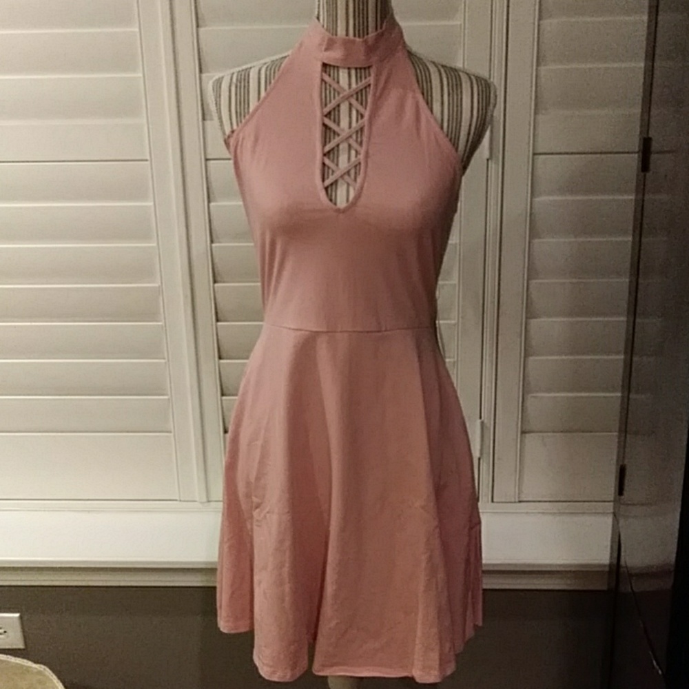 Express Lace Up Mock Neck Pink Dress